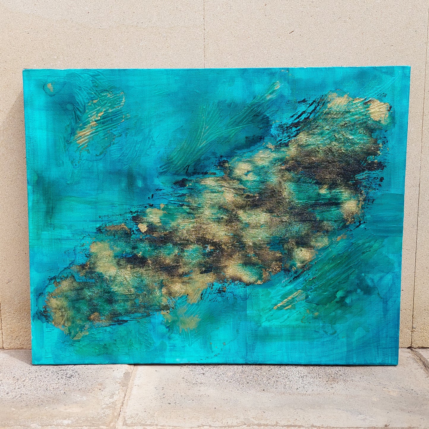 Gold, black and turquoise acrylic painting