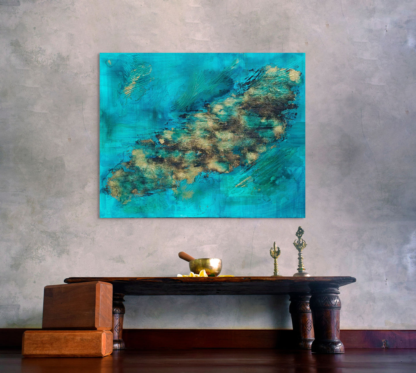 Turquoise gold and black textured hand painted canvas, abstract style called island life.