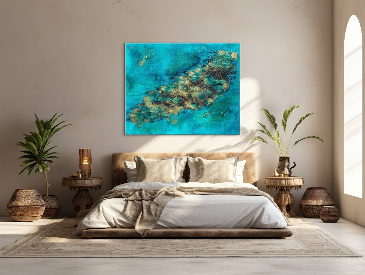 Turquoise gold and black textured hand painted canvas, abstract style called island life.