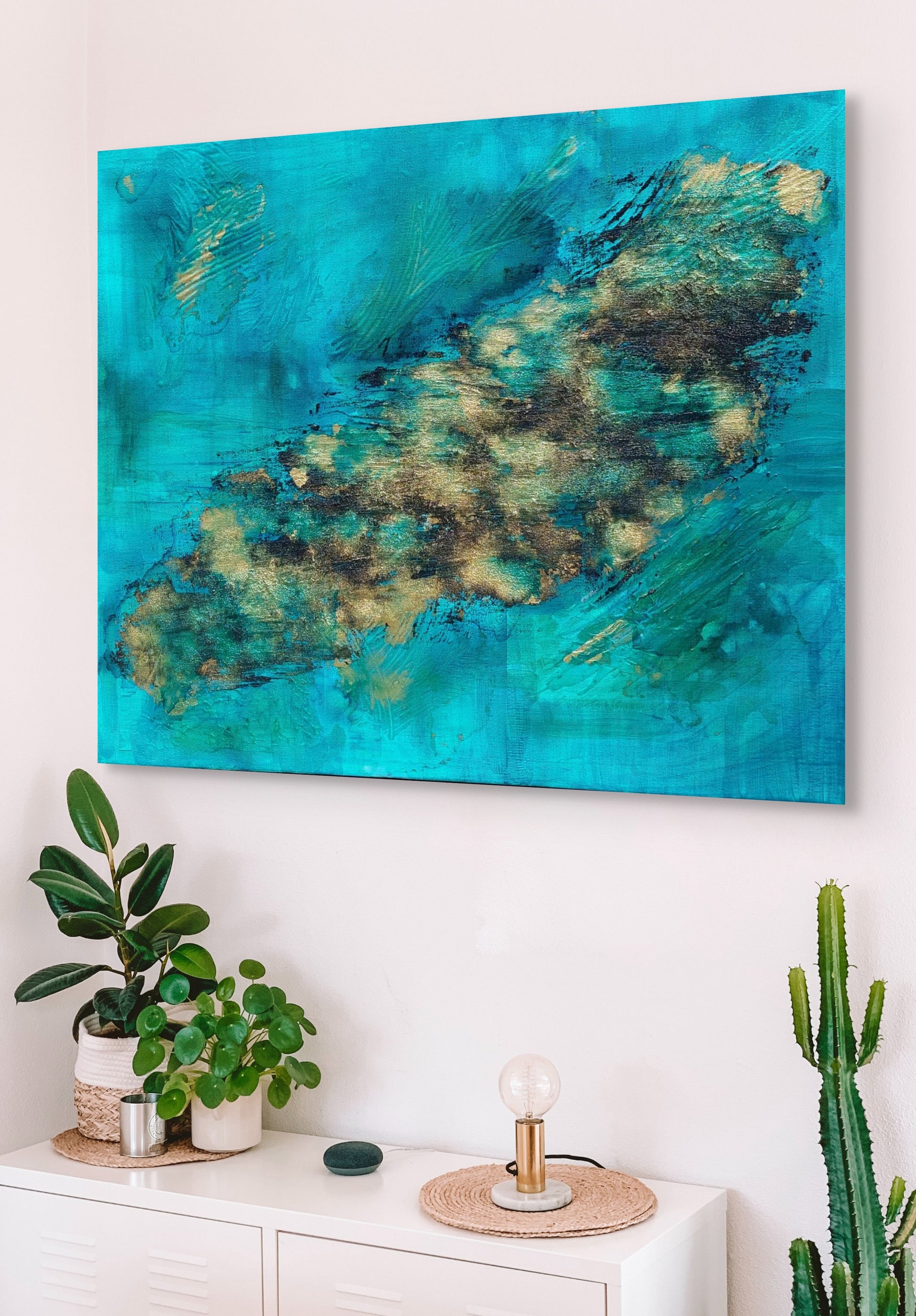 Turquoise gold and black textured hand painted canvas, abstract style called island life.