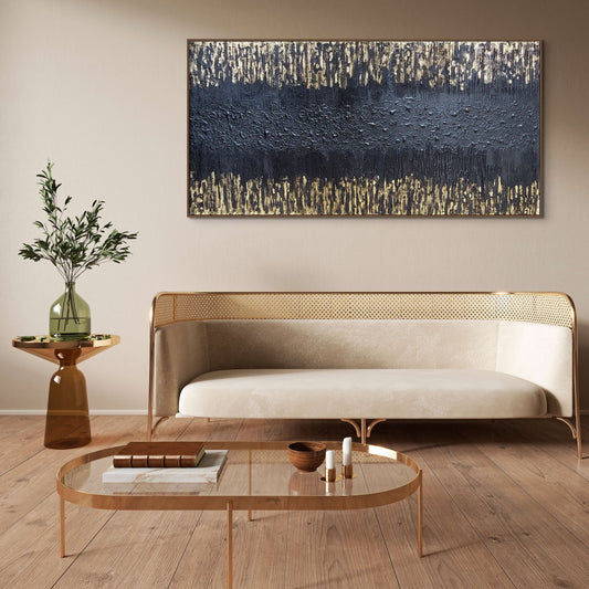 Abstract black and gold textured canvas painting