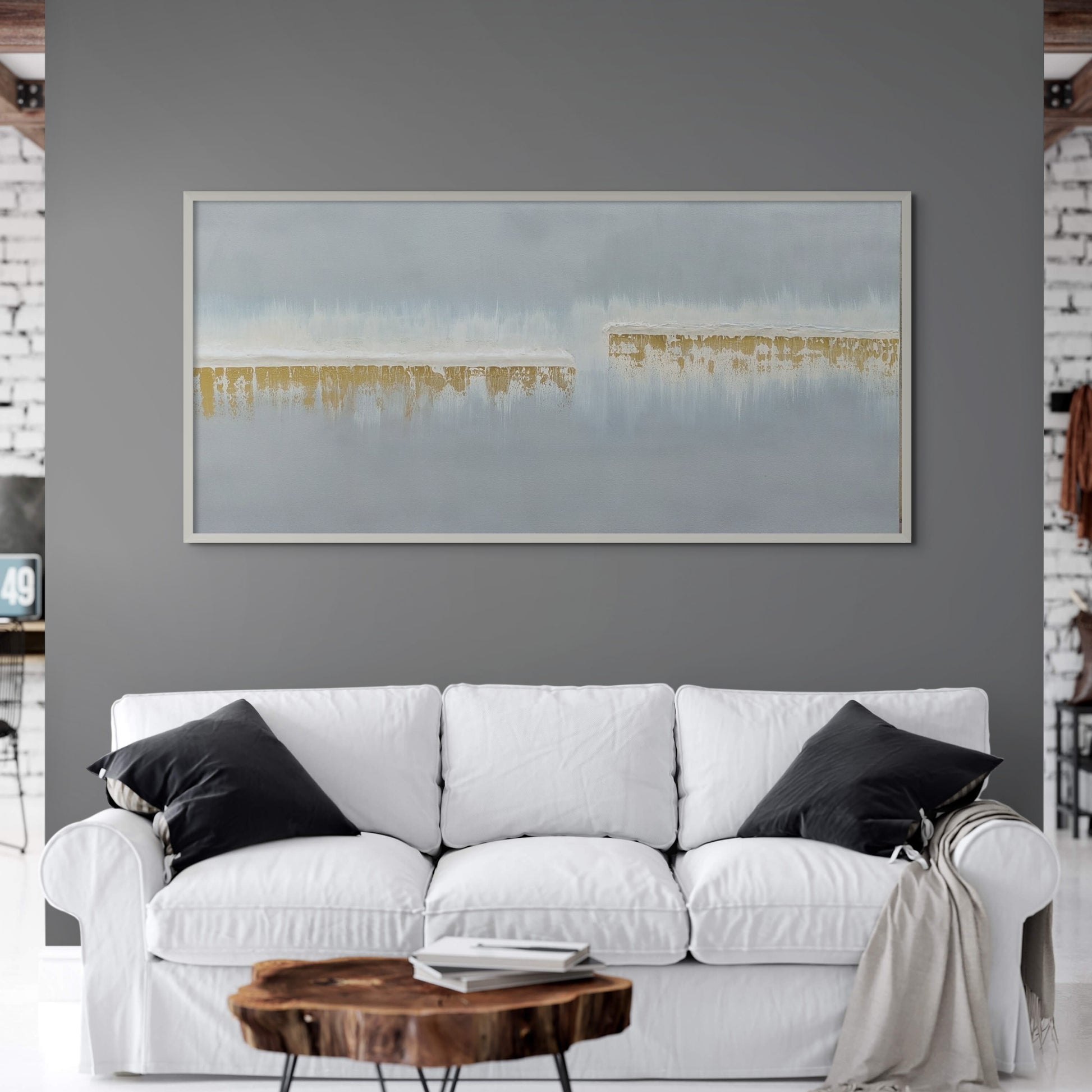 Silver, grey and gold abstract painting called ships in the night