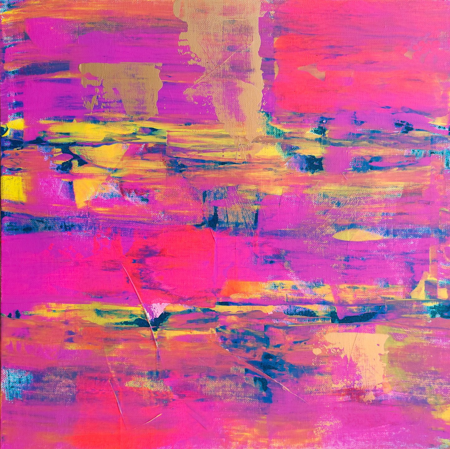 Vibrant pink and gold print titled Denim