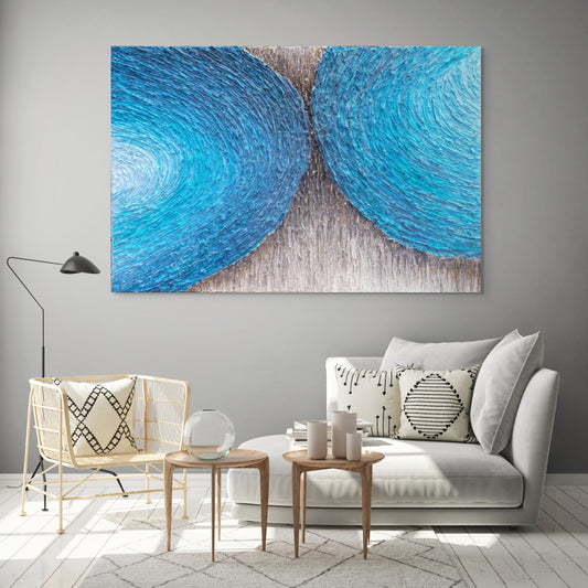 highly texture chalk, acrylic paint canvas artwork in shades of blue, black and cream, titled Flow