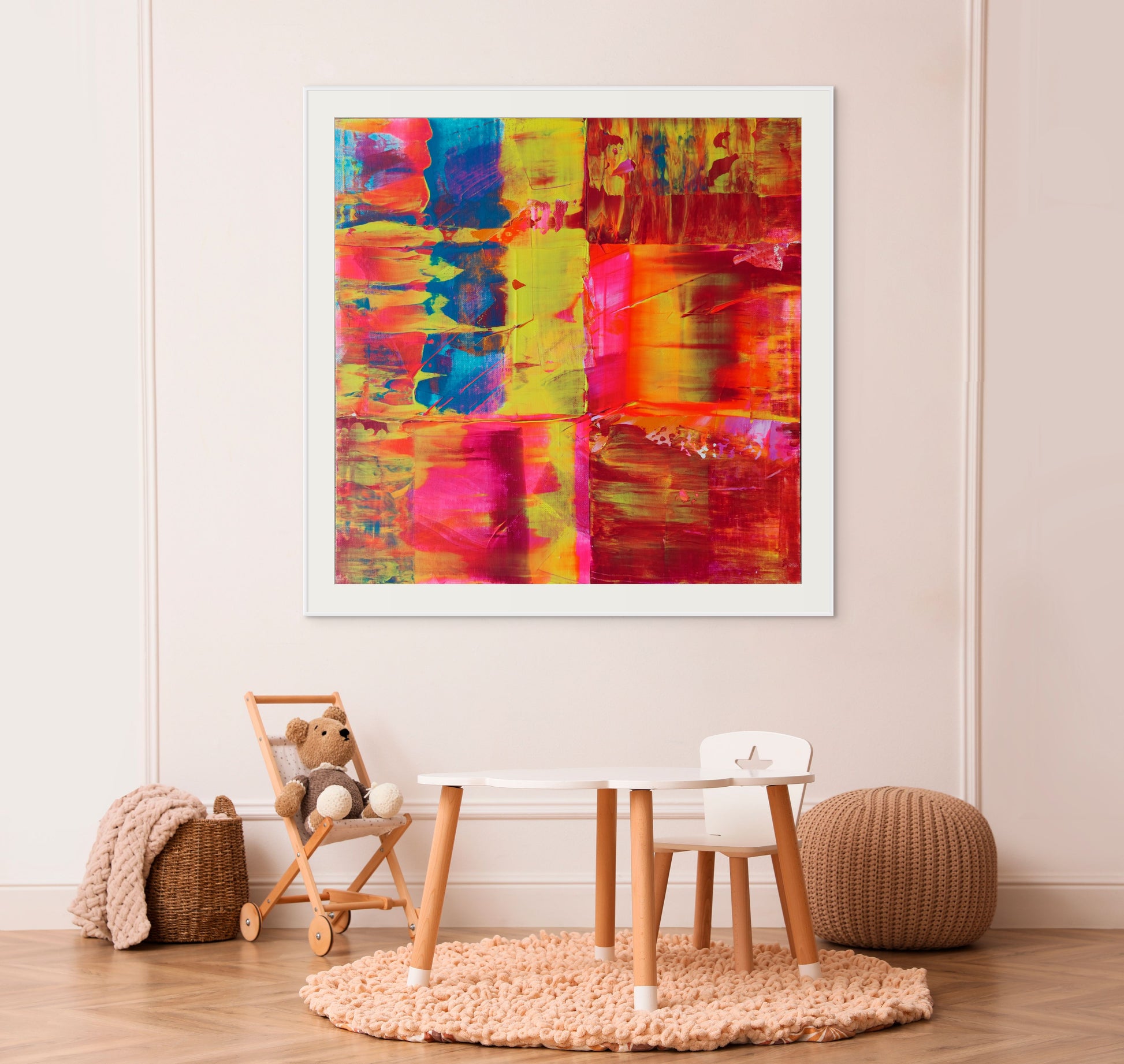 Red, blue, yellow and pink abstract fine art print, Flurry