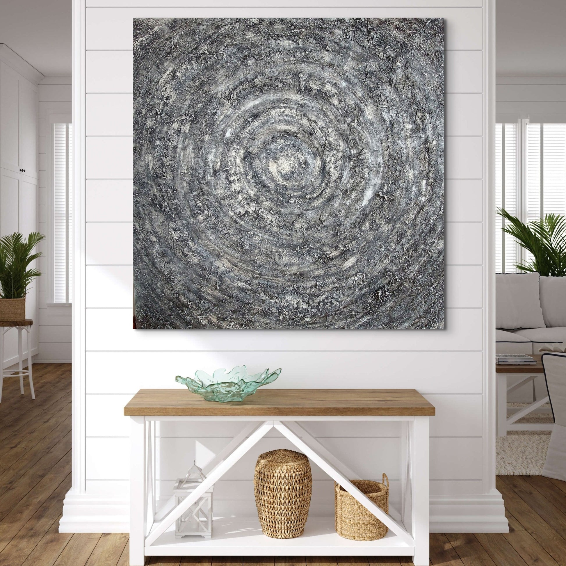 Large heavily textured grey and silver canvas painting