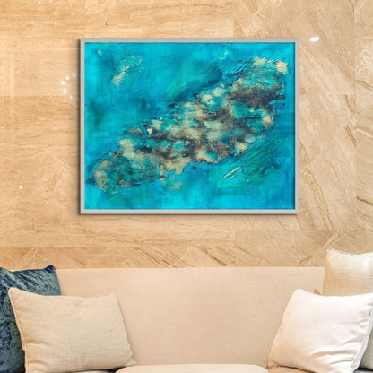 Turquoise gold and black textured hand painted canvas, abstract style called island life.