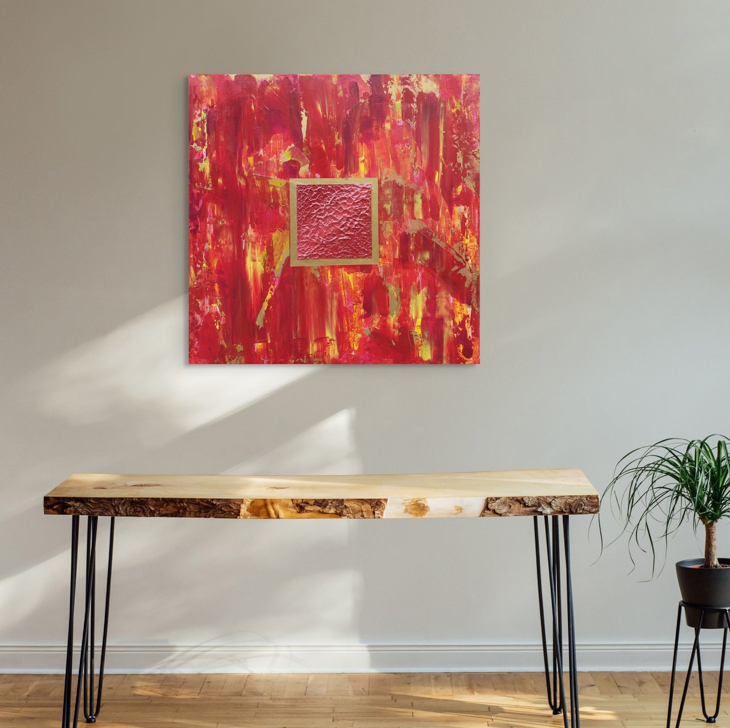 Lightbox | Original Textured Abstract Painting | Red Home Decor Art | Red Canvas Painting | Square Red Yellow Gold Art | Textured Modern Art