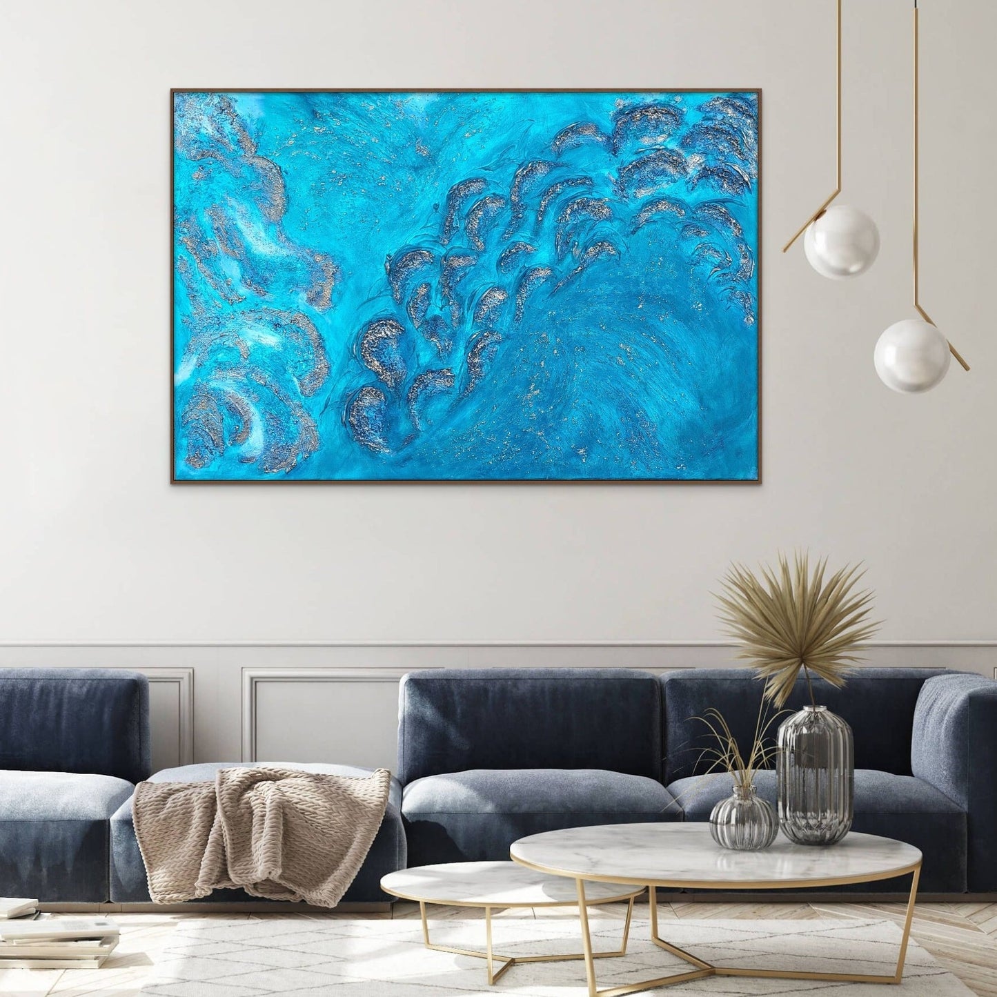 Heavily textured turquoise blue and gold canvas artwork