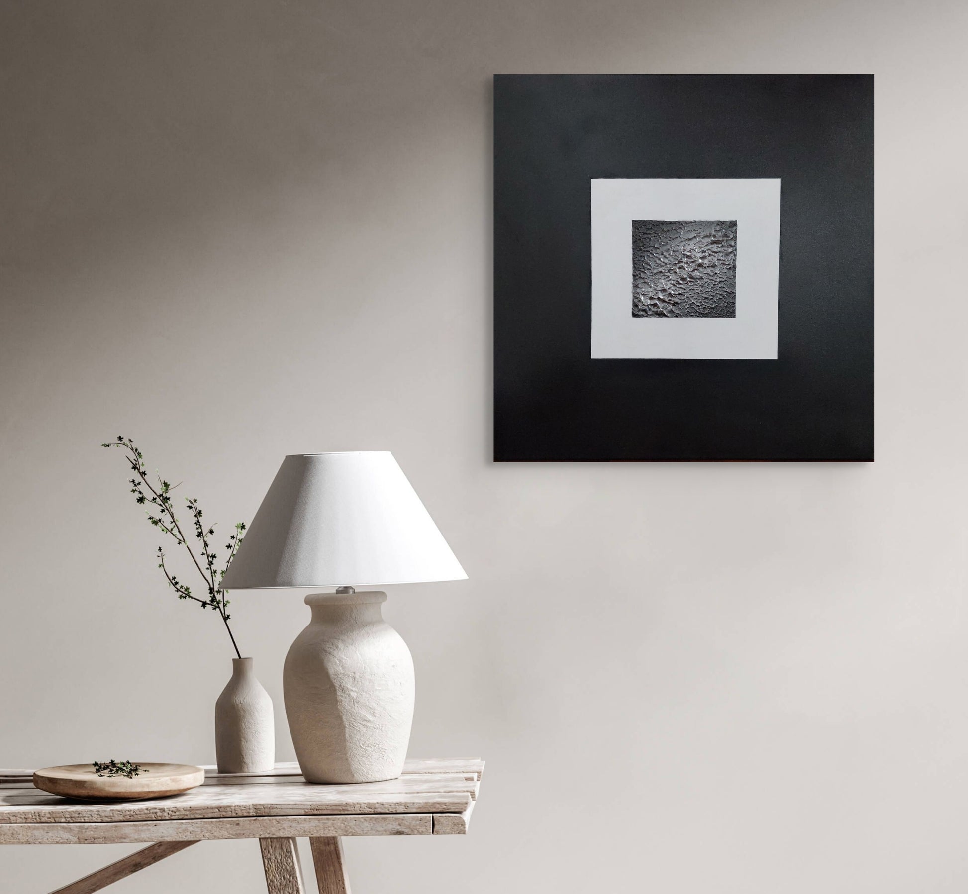 Abstract black, white and silver square canvas art