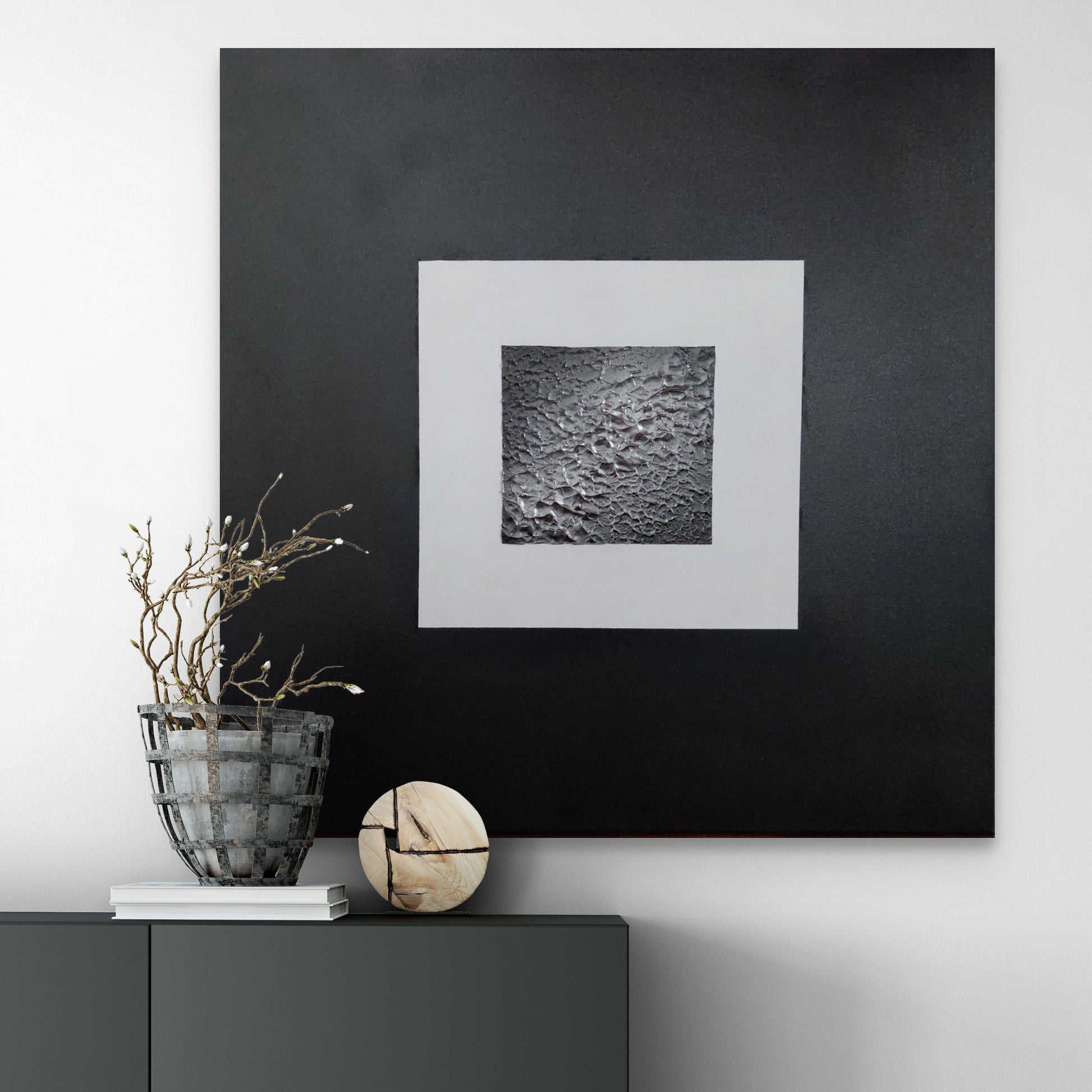 Abstract black, white and silver square canvas art