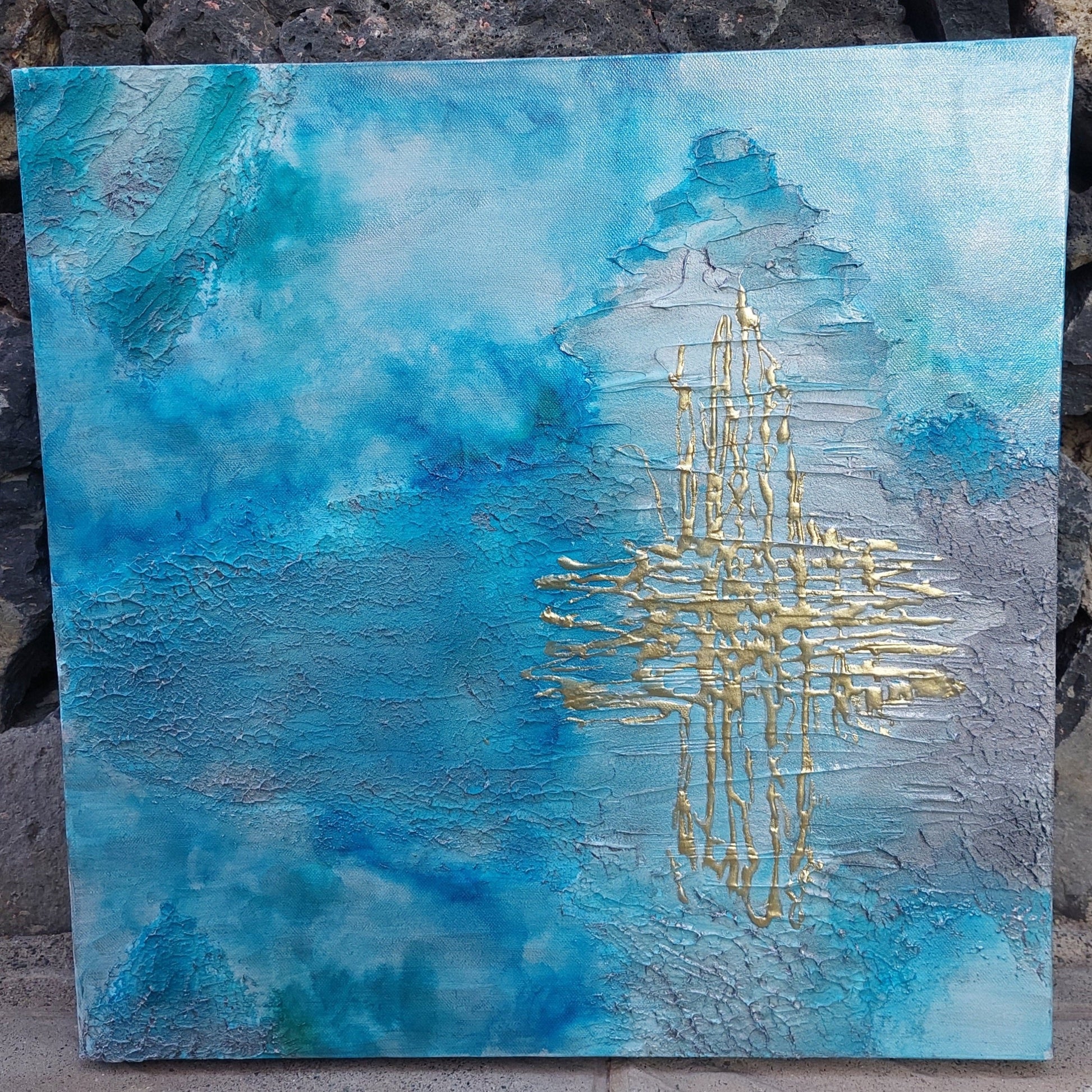 Blue, grey and gold textured acrylic painting