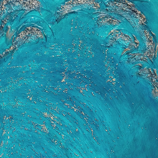 video of Heavily textured turquoise blue and gold canvas artwork