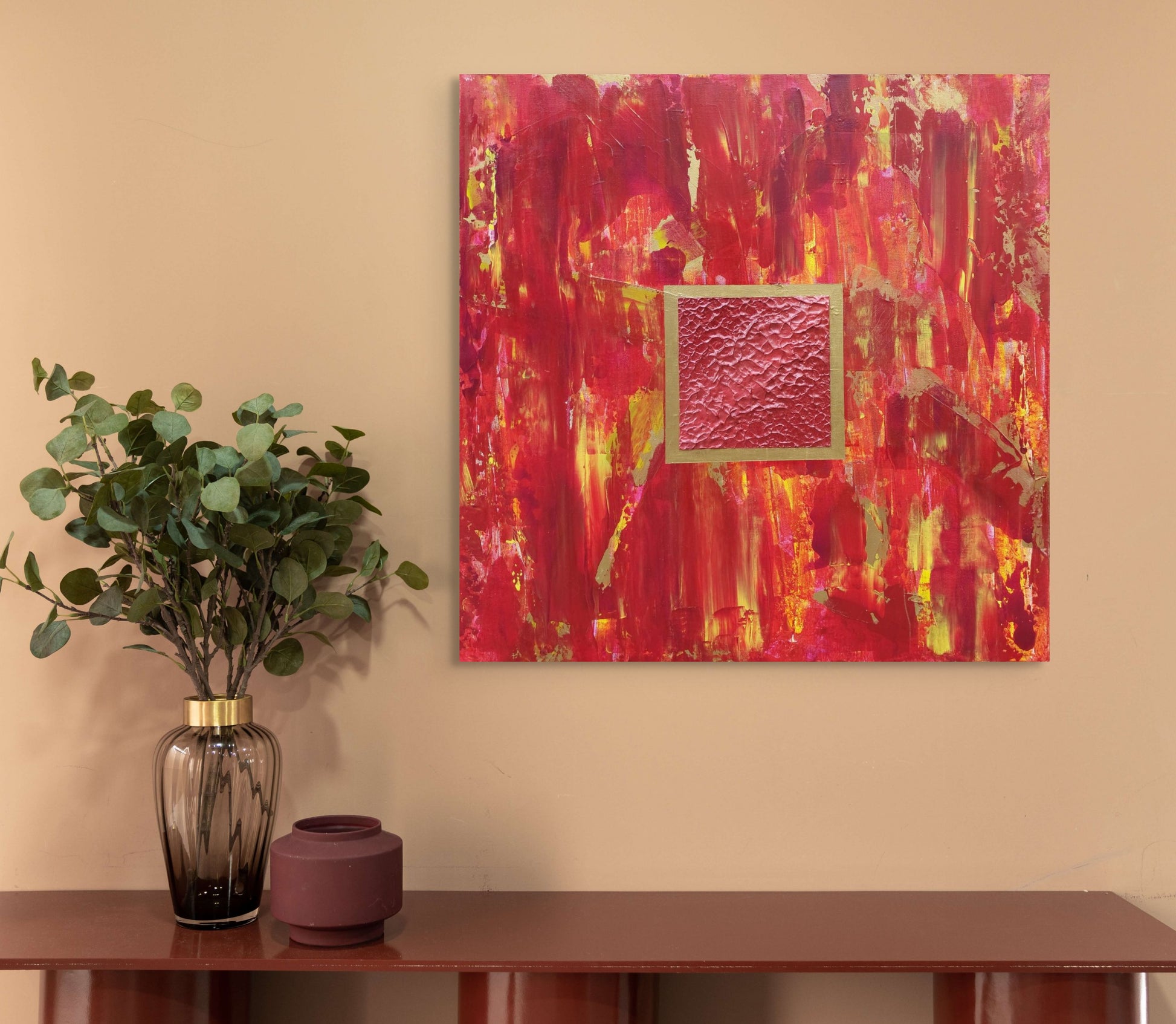 Lightbox | Original Textured Abstract Painting | Red Home Decor Art | Red Canvas Painting | Square Red Yellow Gold Art | Textured Modern Art