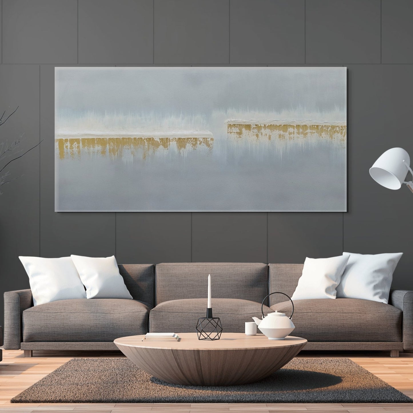 Silver, grey and gold abstract painting called ships in the night