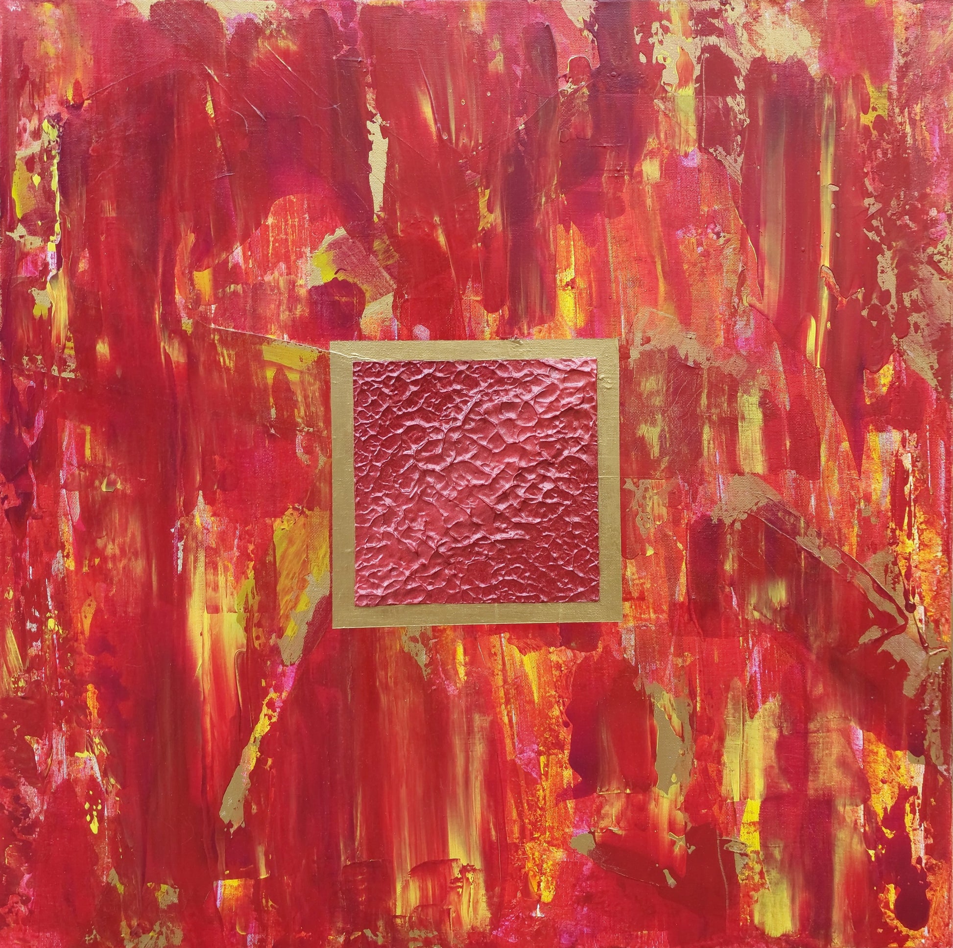 Lightbox | Original Textured Abstract Painting | Red Home Decor Art | Red Canvas Painting | Square Red Yellow Gold Art | Textured Modern Art