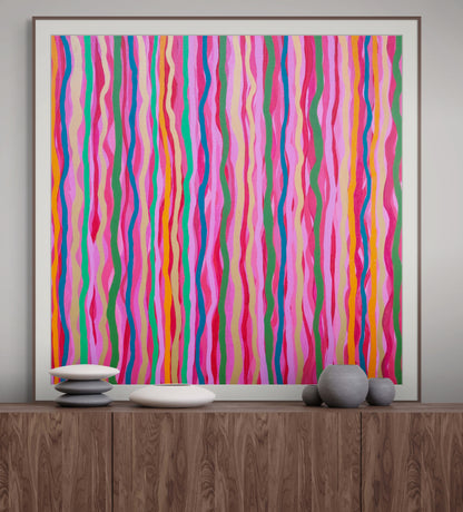 Red, blue, yellow and pink abstract stripes fine art print, Stripes