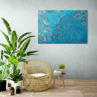 Heavily textured turquoise blue and gold canvas artwork