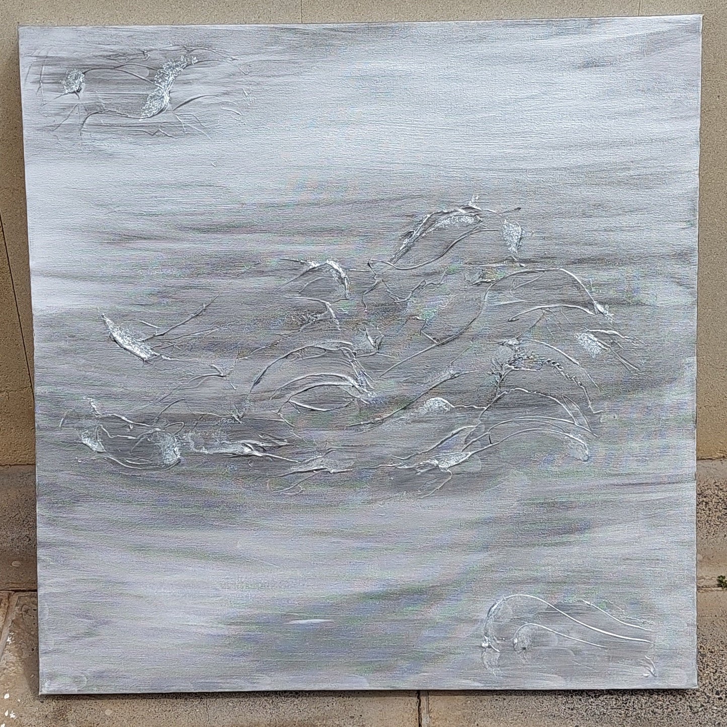 Silver and grey abstract acrylic canvas painting