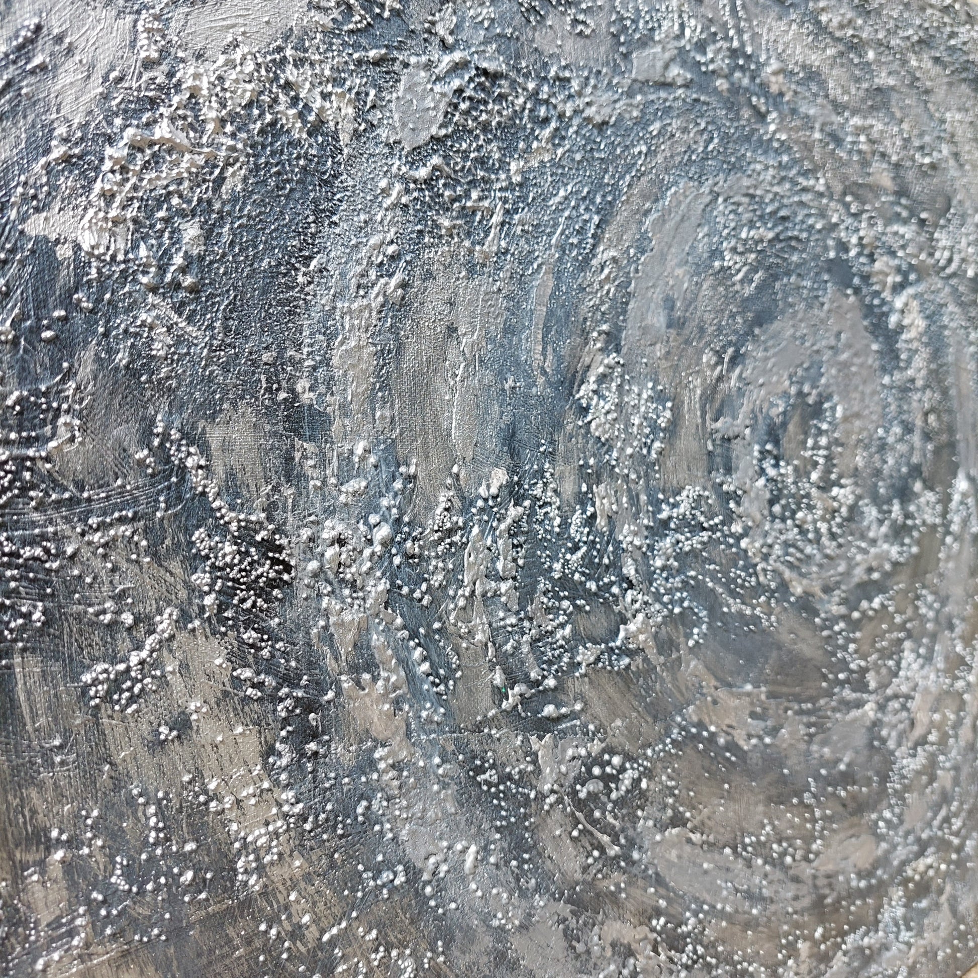 Close up detail of silver & grey textured painting.