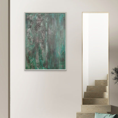 Amazonia acrylic painting, shades of green & black. Framed at the bottom of a stairs