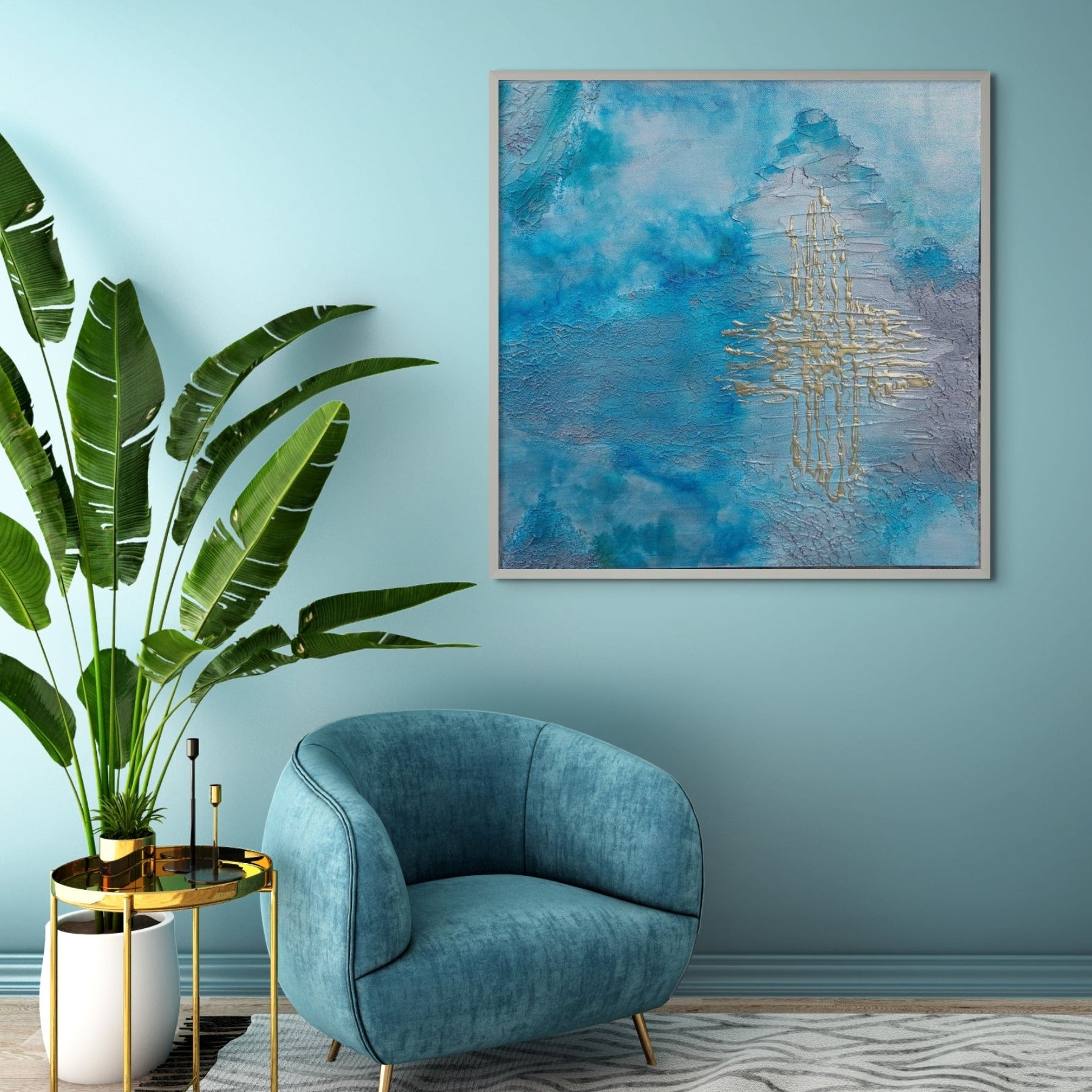 Blue, grey and gold textured acrylic painting