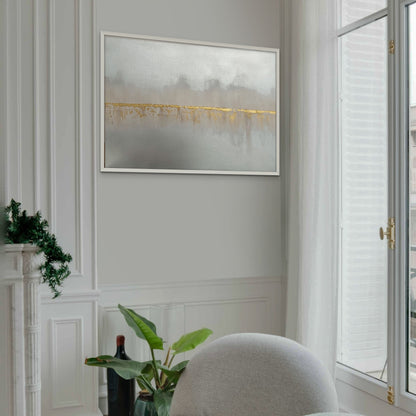 Silver, gold & grey canvas painting hanging above a white chair